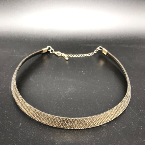 Gold Tone Formed Collar Necklace with Harlequin Design and Black Net Overlay - Picture 6 of 7